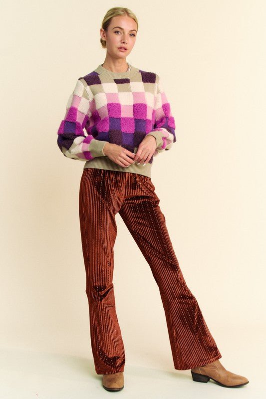 Davi & Dani - Elastic Waist Knit Flare Pants in Rust