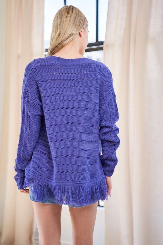 Davi & Dani - Electric Purple Fringe Trim V - Neck Button Up Cardigan