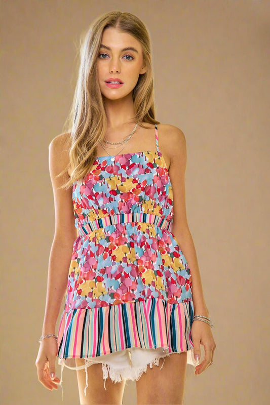 Davi & Dani - Floral and Stripe Print Peplum Cami – Multi