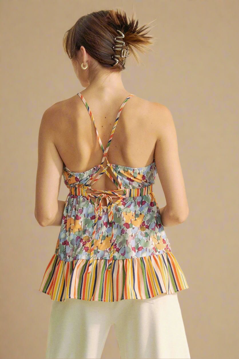 Davi & Dani - Floral and Stripe Print Peplum Cami – Sage Multi