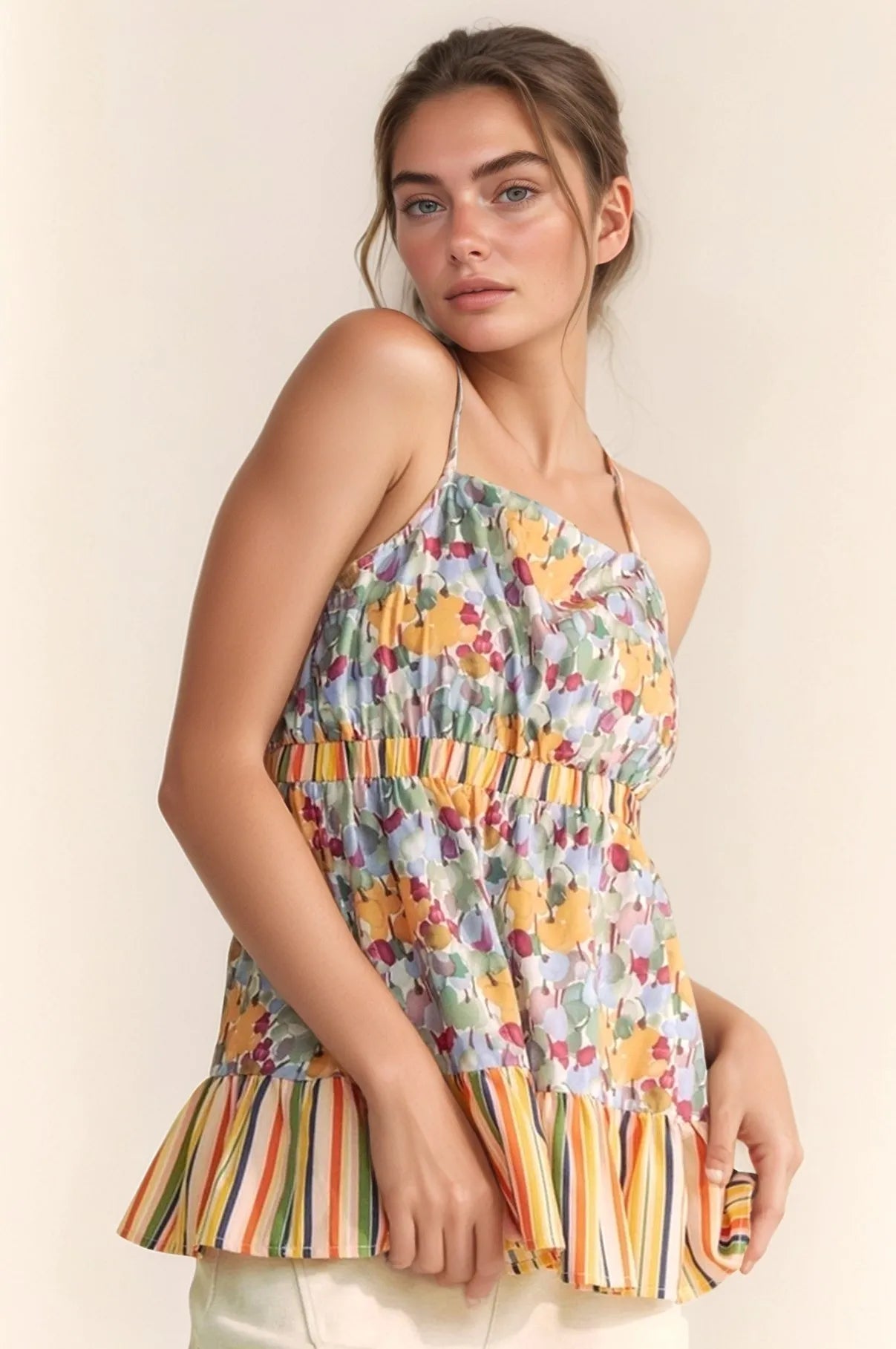 Davi & Dani - Floral and Stripe Print Peplum Cami – Sage Multi