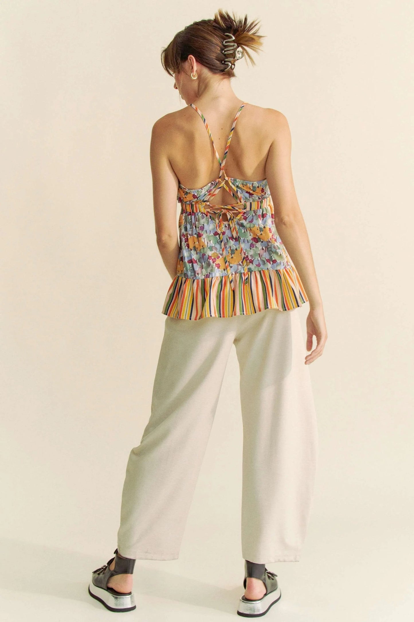 Davi & Dani - Floral and Stripe Print Peplum Cami – Sage Multi