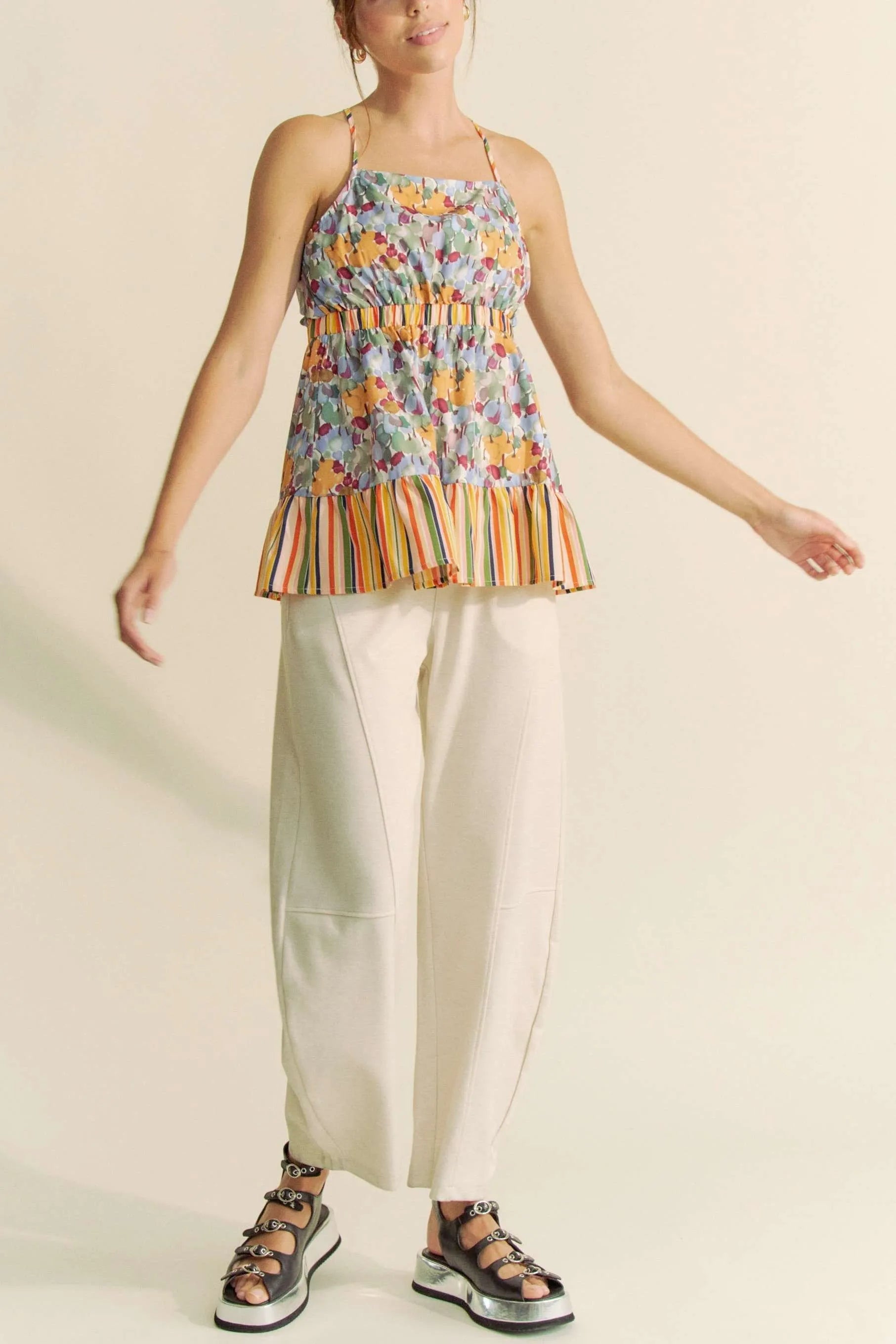 Davi & Dani - Floral and Stripe Print Peplum Cami – Sage Multi