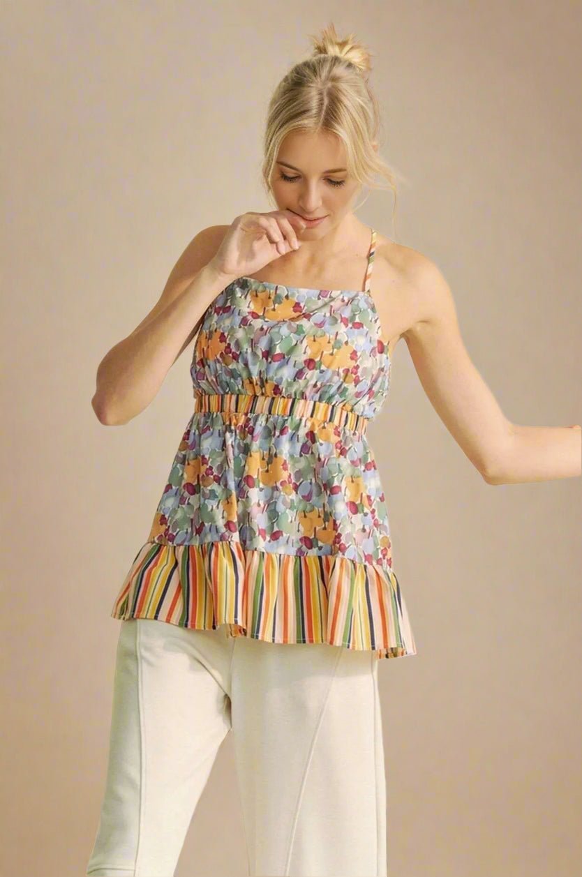 Davi & Dani - Floral and Stripe Print Peplum Cami – Sage Multi