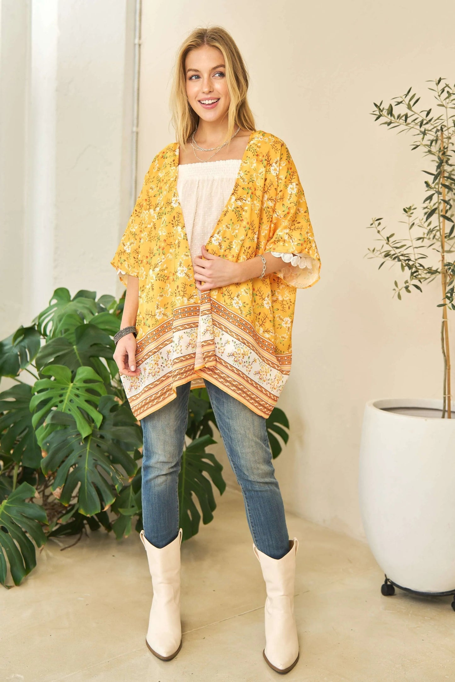 Davi & Dani - Floral Border Print Kimono – Golden Yellow & White