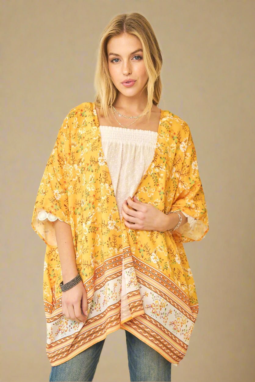 Davi & Dani - Floral Border Print Kimono – Golden Yellow & White