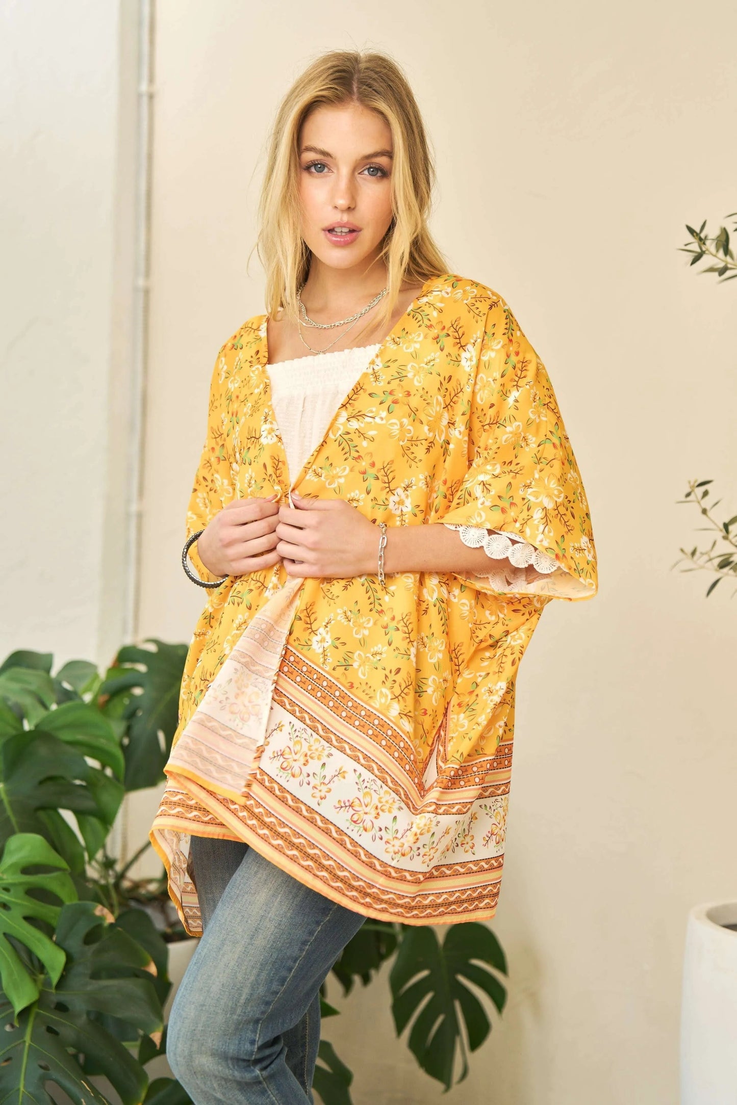 Davi & Dani - Floral Border Print Kimono – Golden Yellow & White