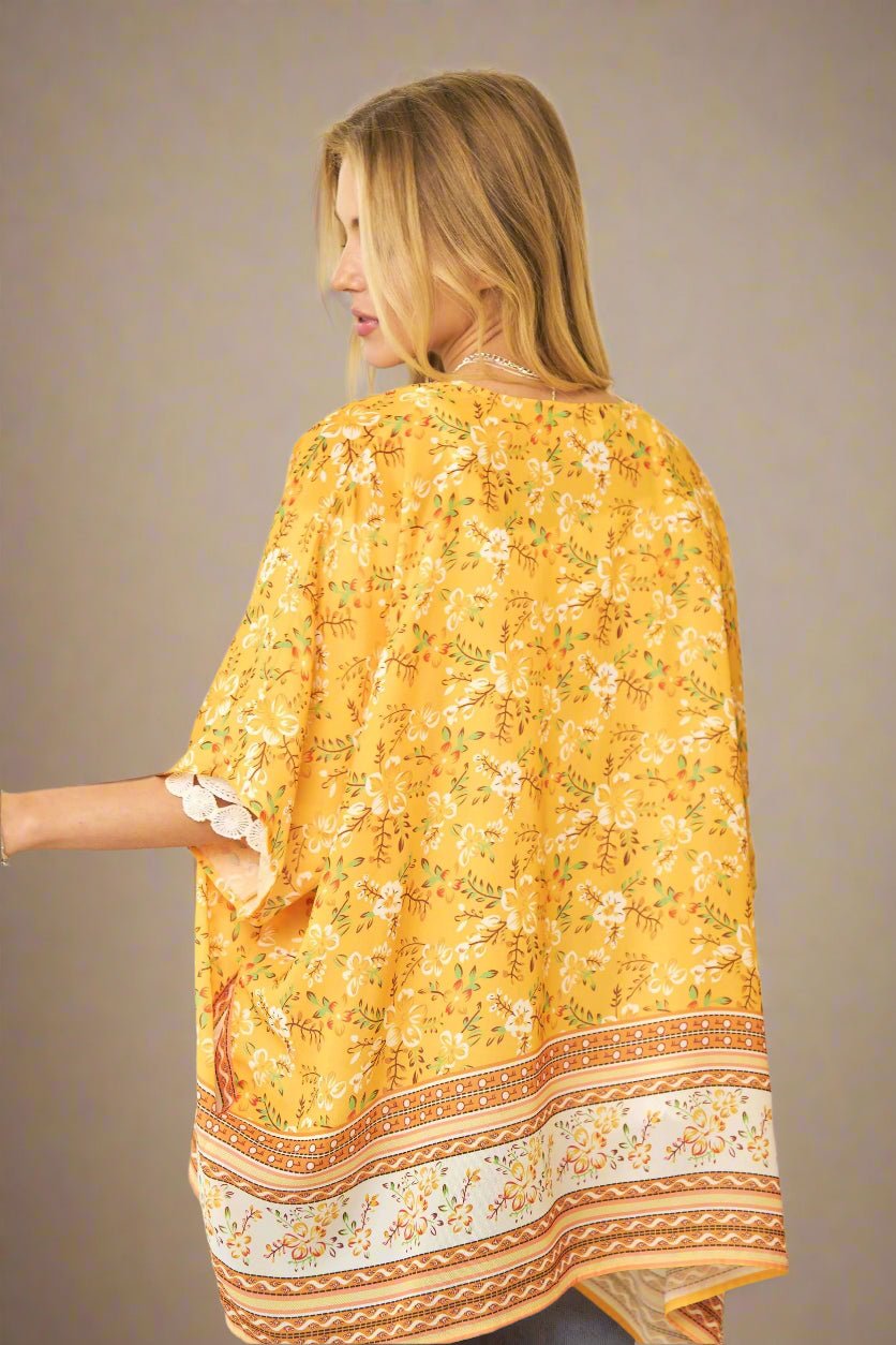 Davi & Dani - Floral Border Print Kimono – Golden Yellow & White