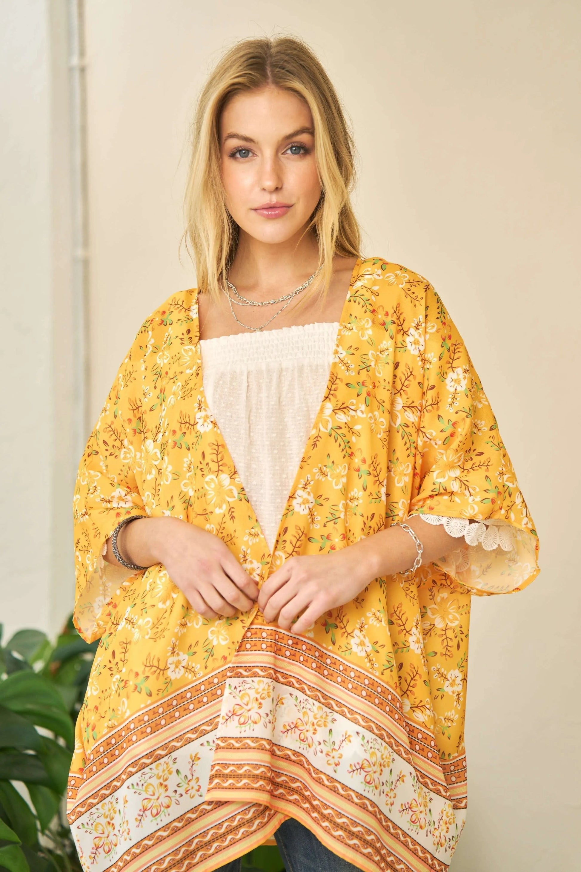 Davi & Dani - Floral Border Print Kimono – Golden Yellow & White