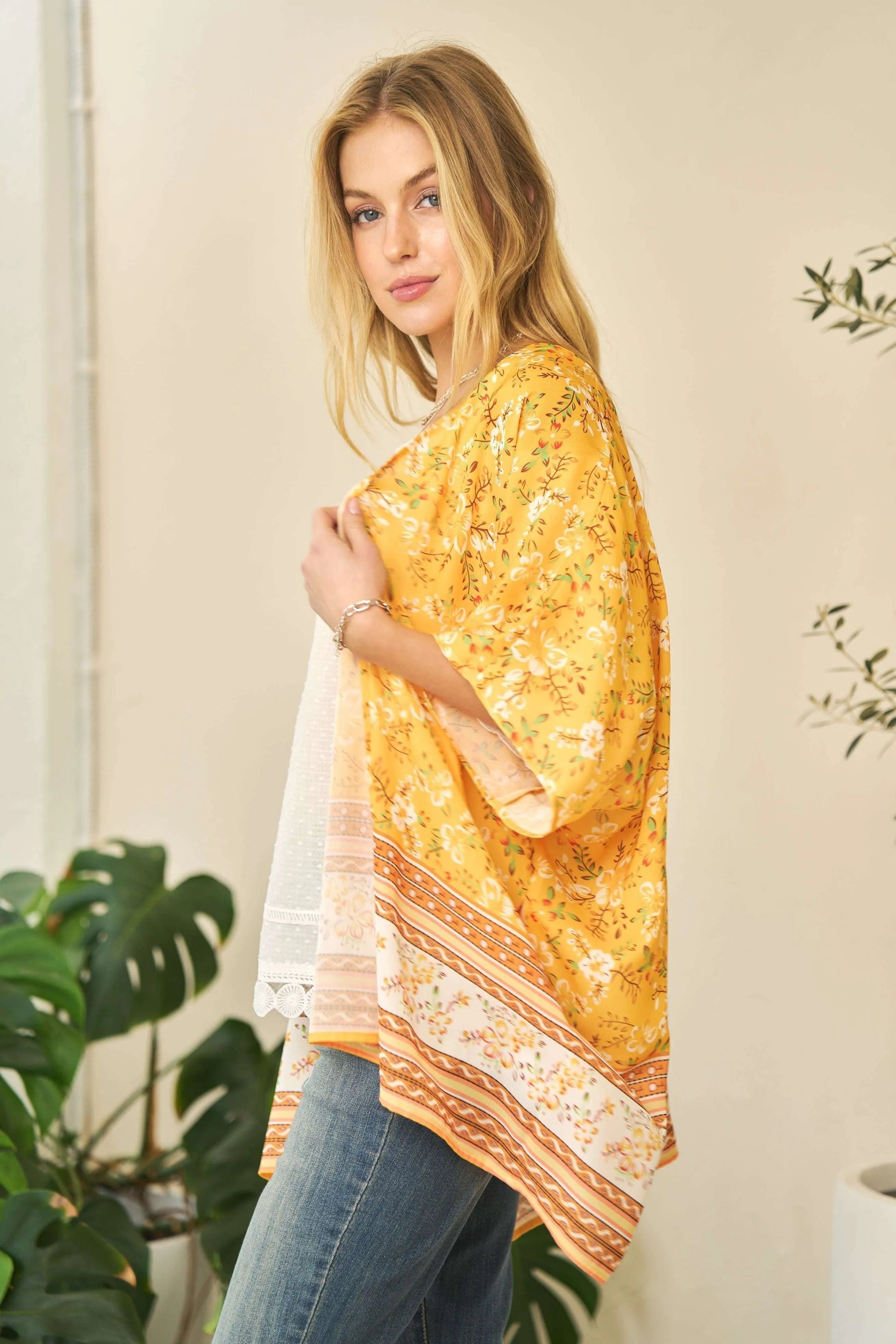 Davi & Dani - Floral Border Print Kimono – Golden Yellow & White