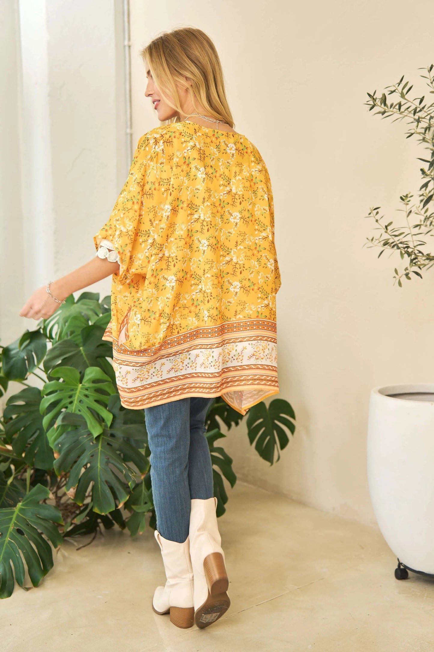 Davi & Dani - Floral Border Print Kimono – Golden Yellow & White