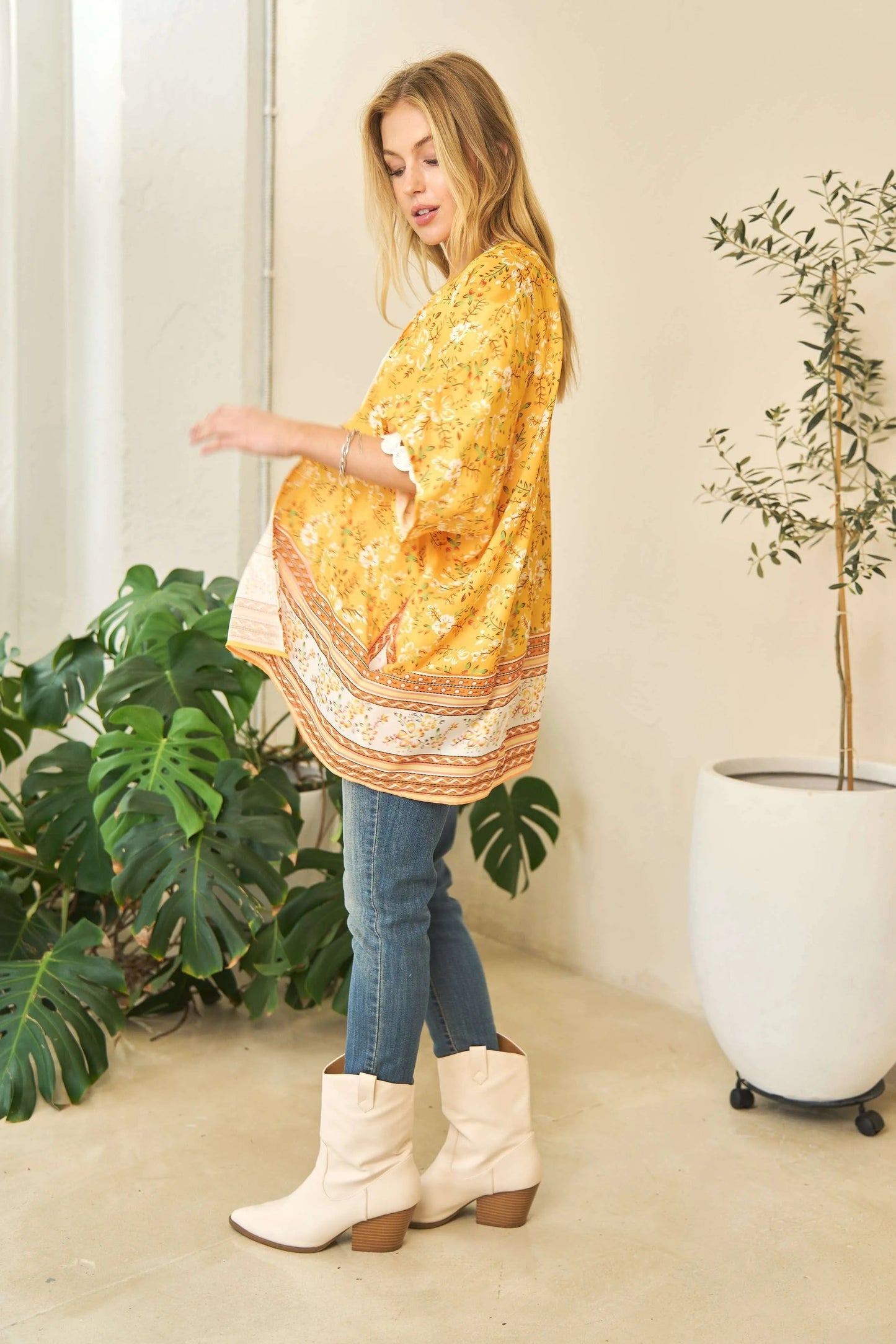 Davi & Dani - Floral Border Print Kimono – Golden Yellow & White