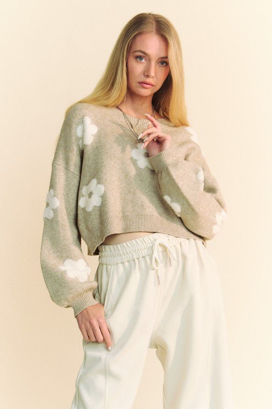 Davi & Dani - Floral Cropped Sweater in Tan