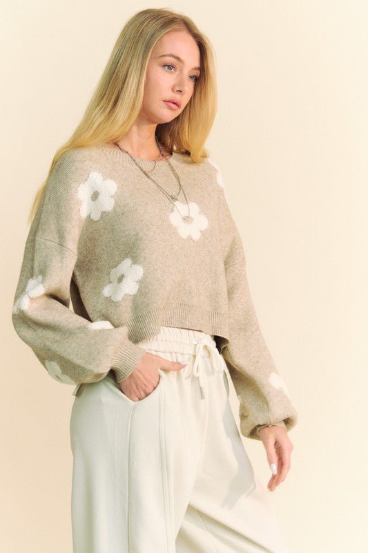 Davi & Dani - Floral Cropped Sweater in Tan