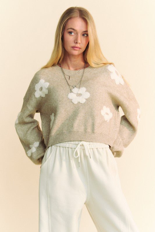 Davi & Dani - Floral Cropped Sweater in Tan