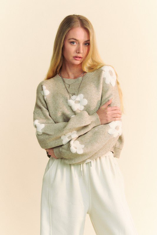 Davi & Dani - Floral Cropped Sweater in Tan