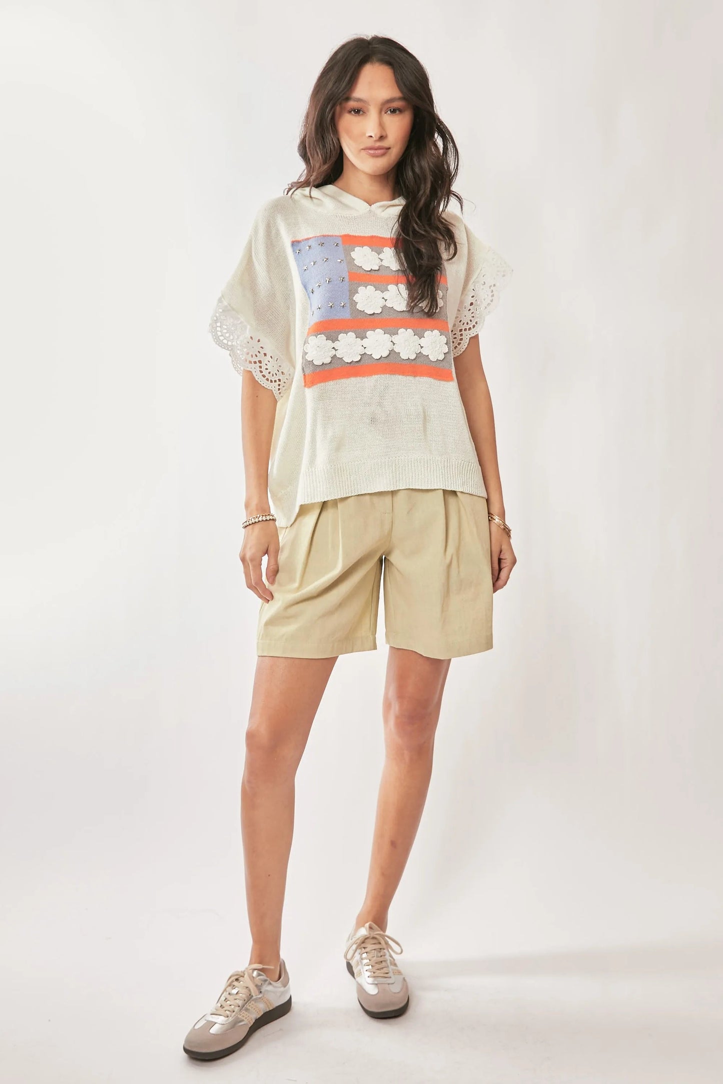 Davi & Dani - Floral Flag Knit Hoodie Top – Ivory