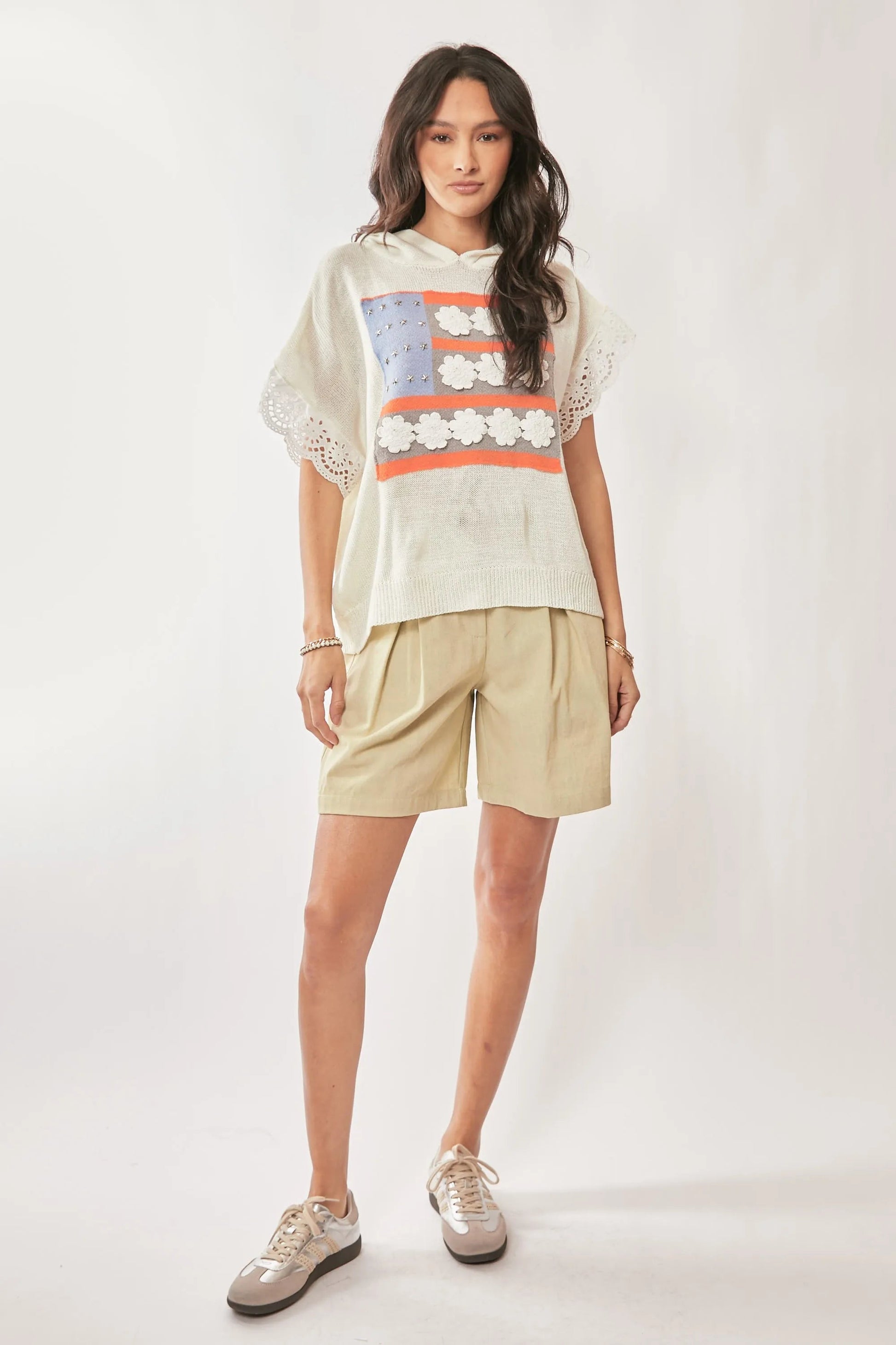 Davi & Dani - Floral Flag Knit Hoodie Top – Ivory