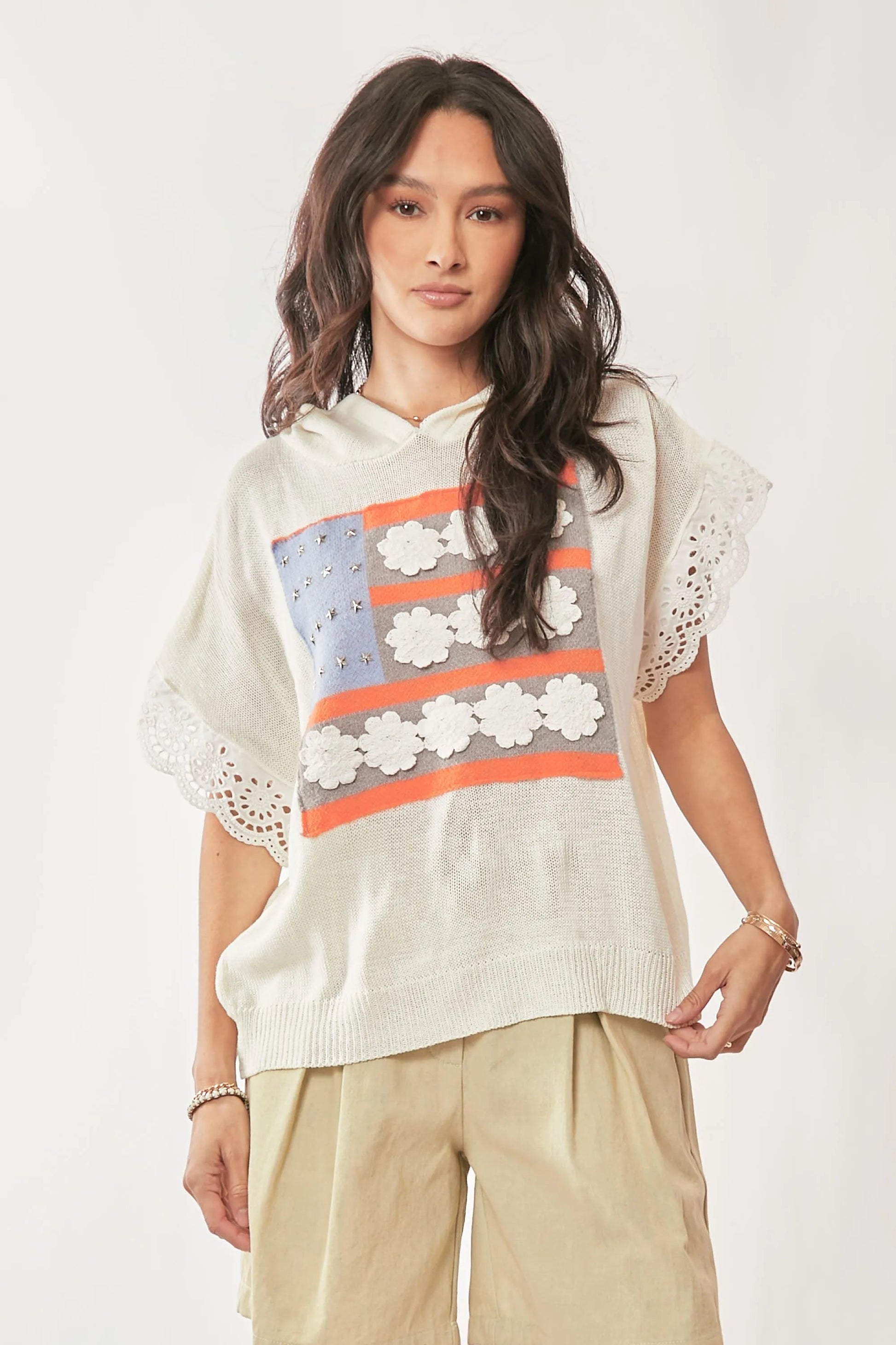 Davi & Dani - Floral Flag Knit Hoodie Top – Ivory