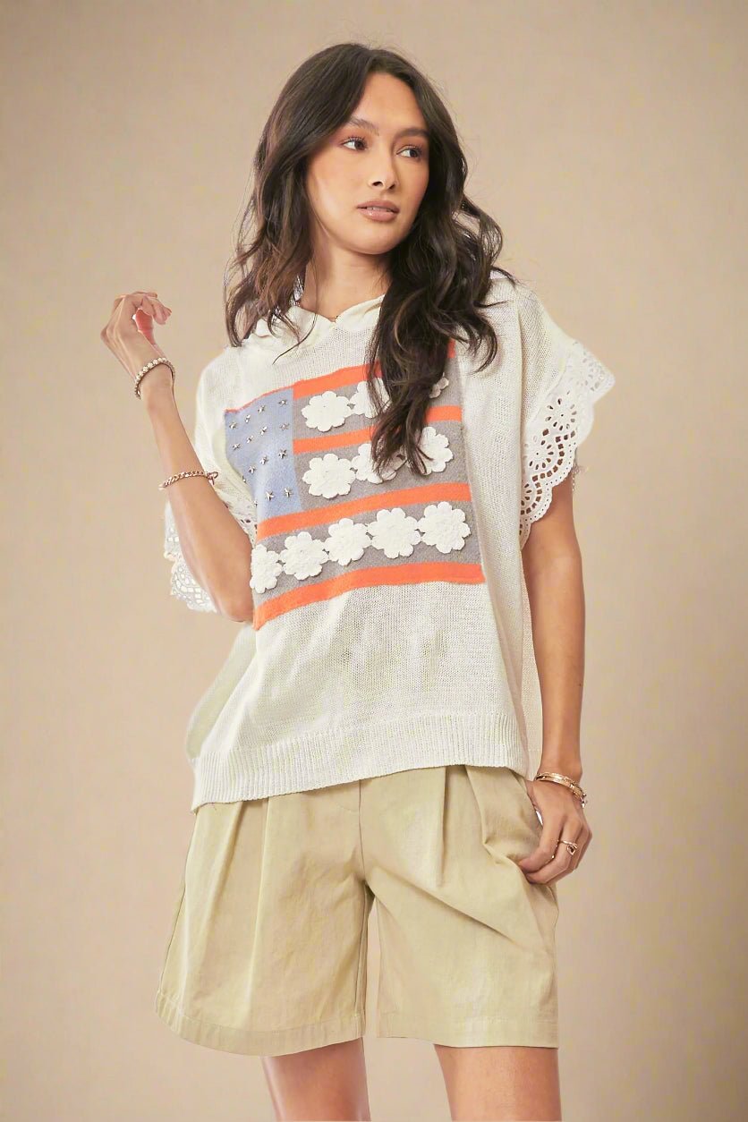 Davi & Dani - Floral Flag Knit Hoodie Top – Ivory