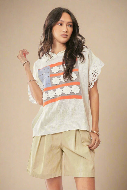Davi & Dani - Floral Flag Knit Hoodie Top – Ivory
