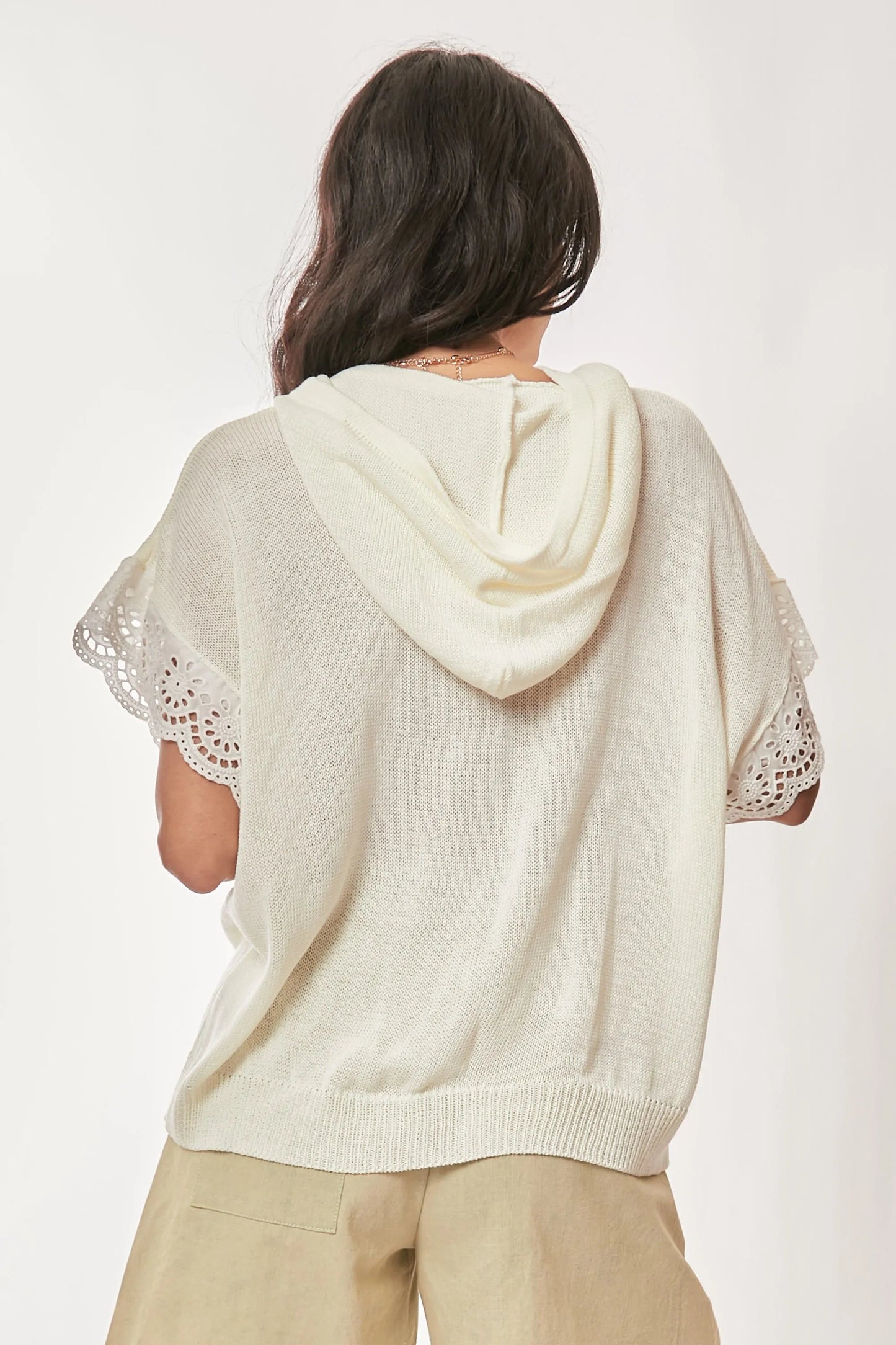 Davi & Dani - Floral Flag Knit Hoodie Top – Ivory