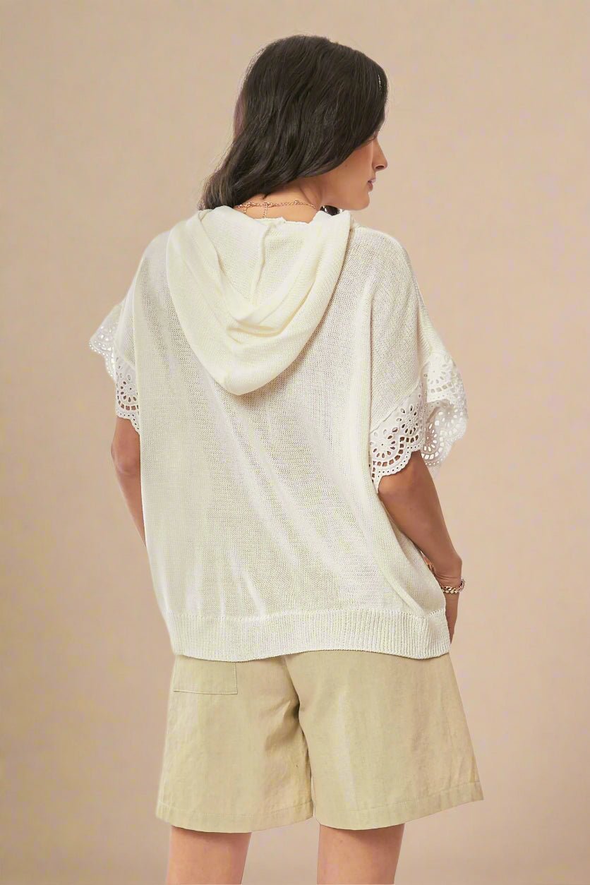 Davi & Dani - Floral Flag Knit Hoodie Top – Ivory