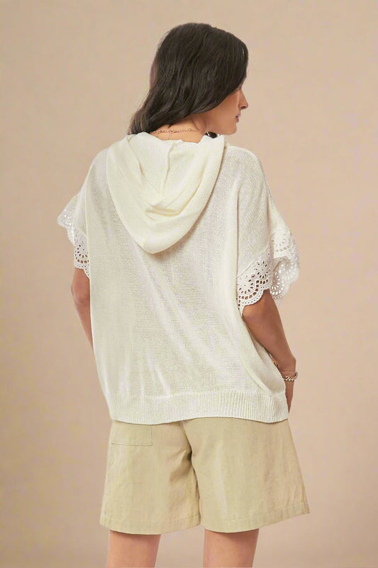 Davi & Dani - Floral Flag Knit Hoodie Top – Ivory