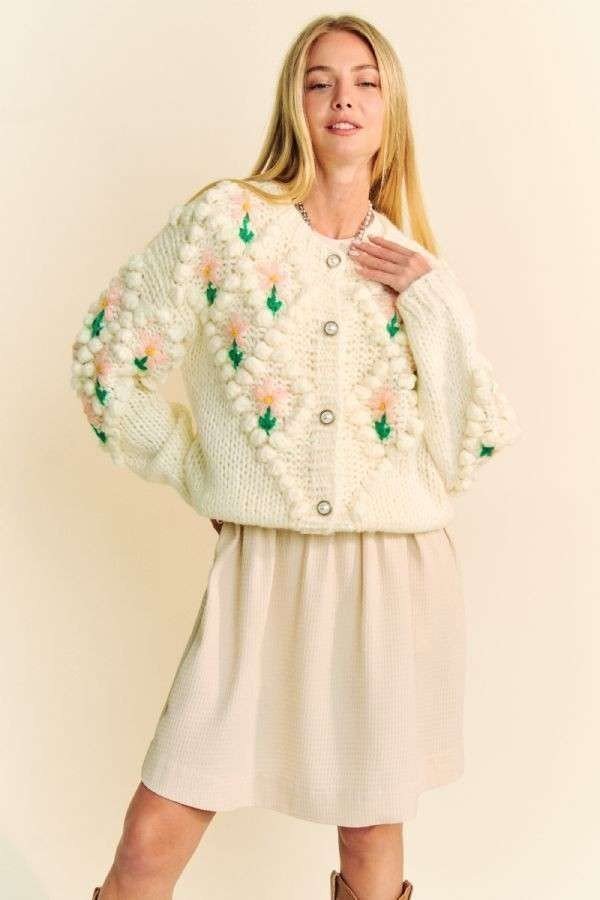 Davi & Dani - Floral Pattern Button Down Cardigan in Cream