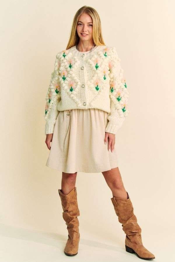 Davi & Dani - Floral Pattern Button Down Cardigan in Cream