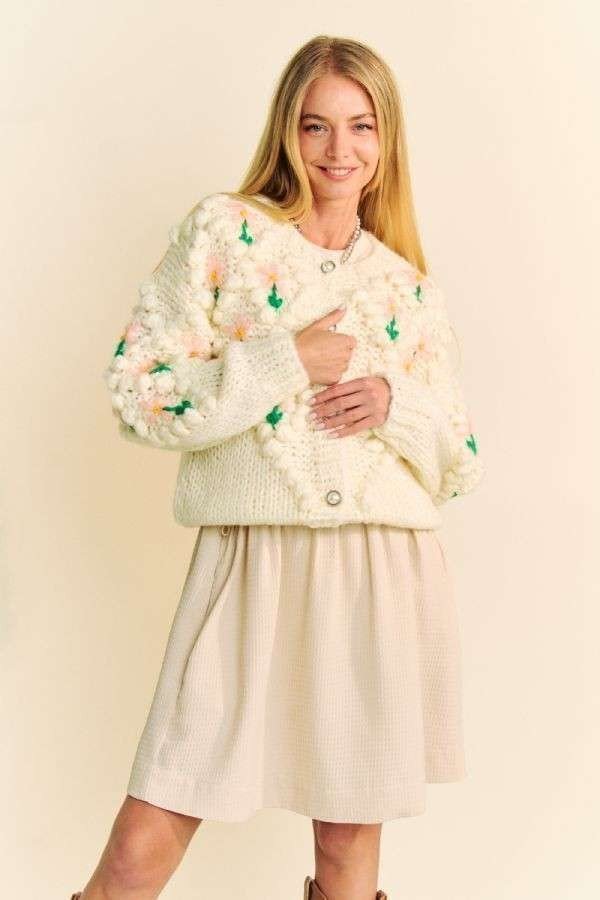 Davi & Dani - Floral Pattern Button Down Cardigan in Cream