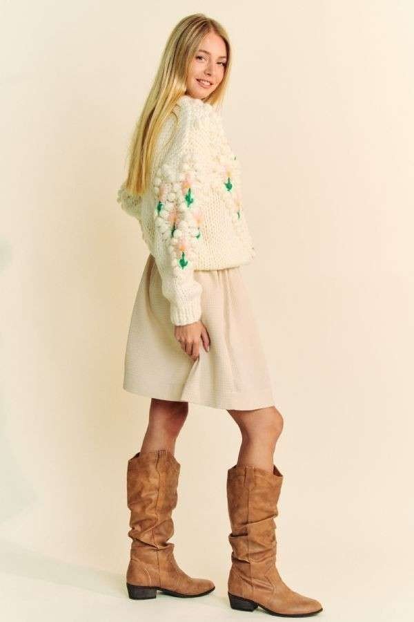 Davi & Dani - Floral Pattern Button Down Cardigan in Cream