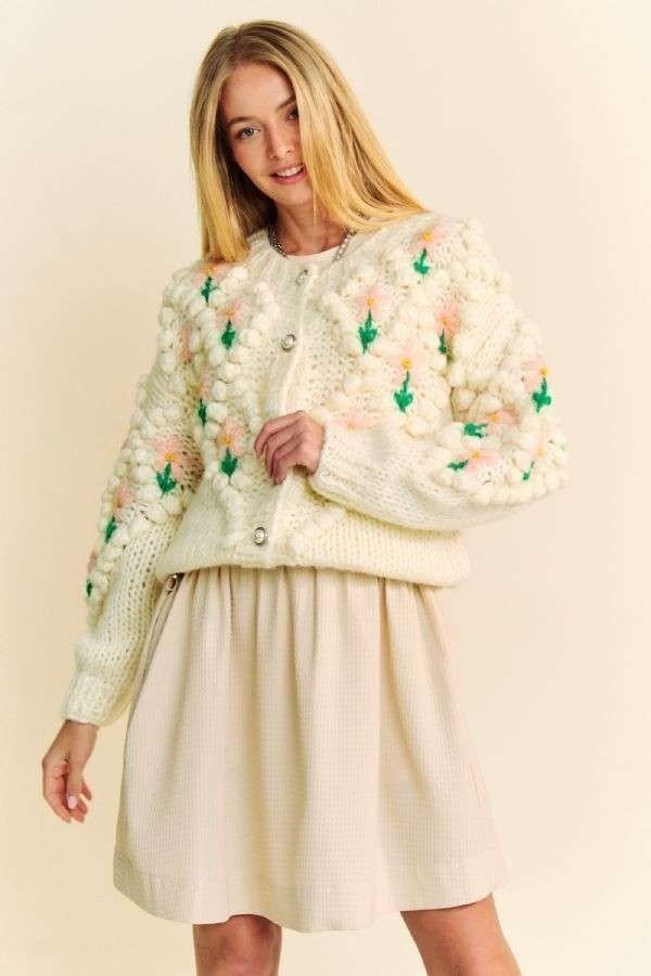 Davi & Dani - Floral Pattern Button Down Cardigan in Cream