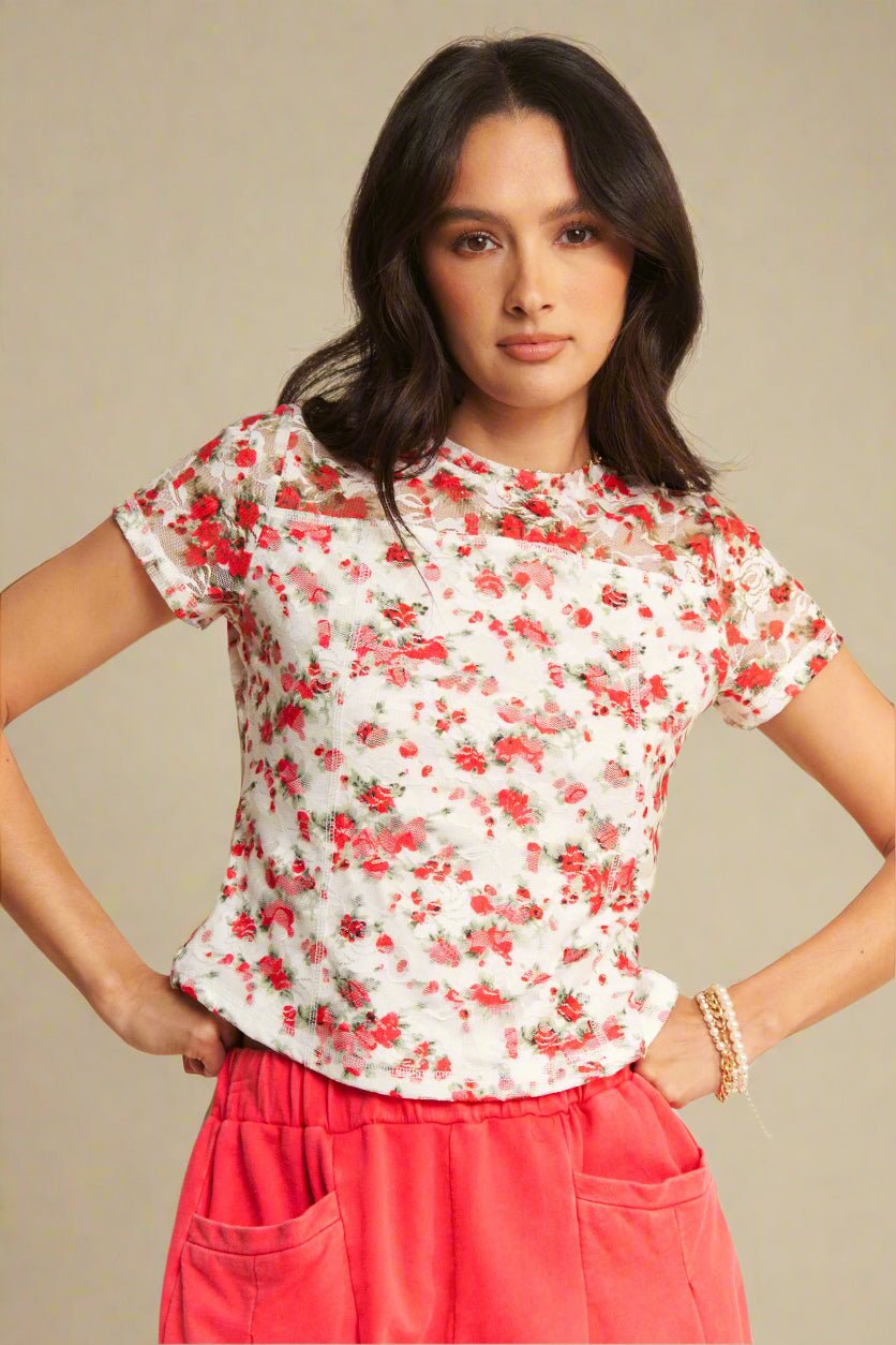 Davi & Dani - Floral Print Sheer Lace Short Sleeve Top – White & Red