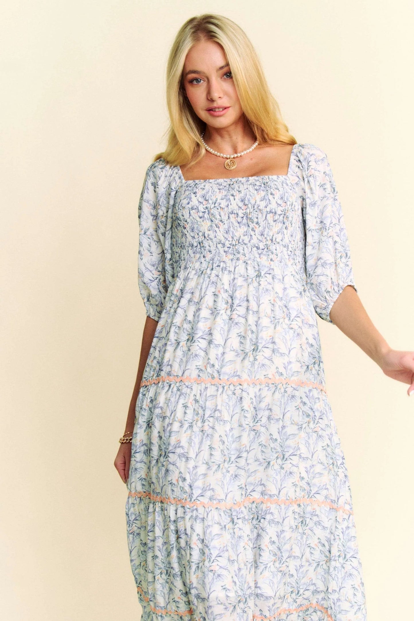 Davi & Dani - Floral Smocked Puff Sleeve Maxi Dress – Blue & White