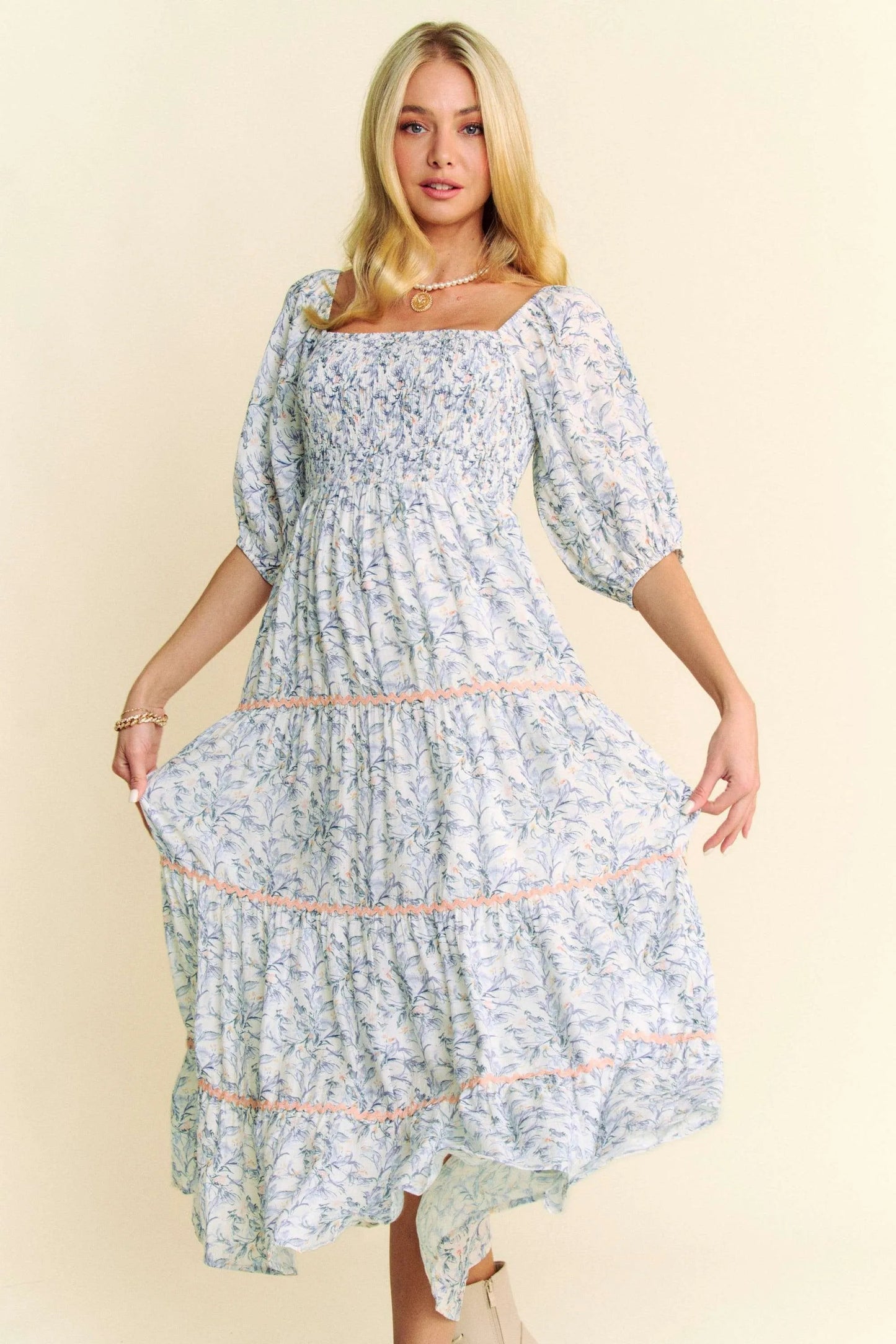 Davi & Dani - Floral Smocked Puff Sleeve Maxi Dress – Blue & White