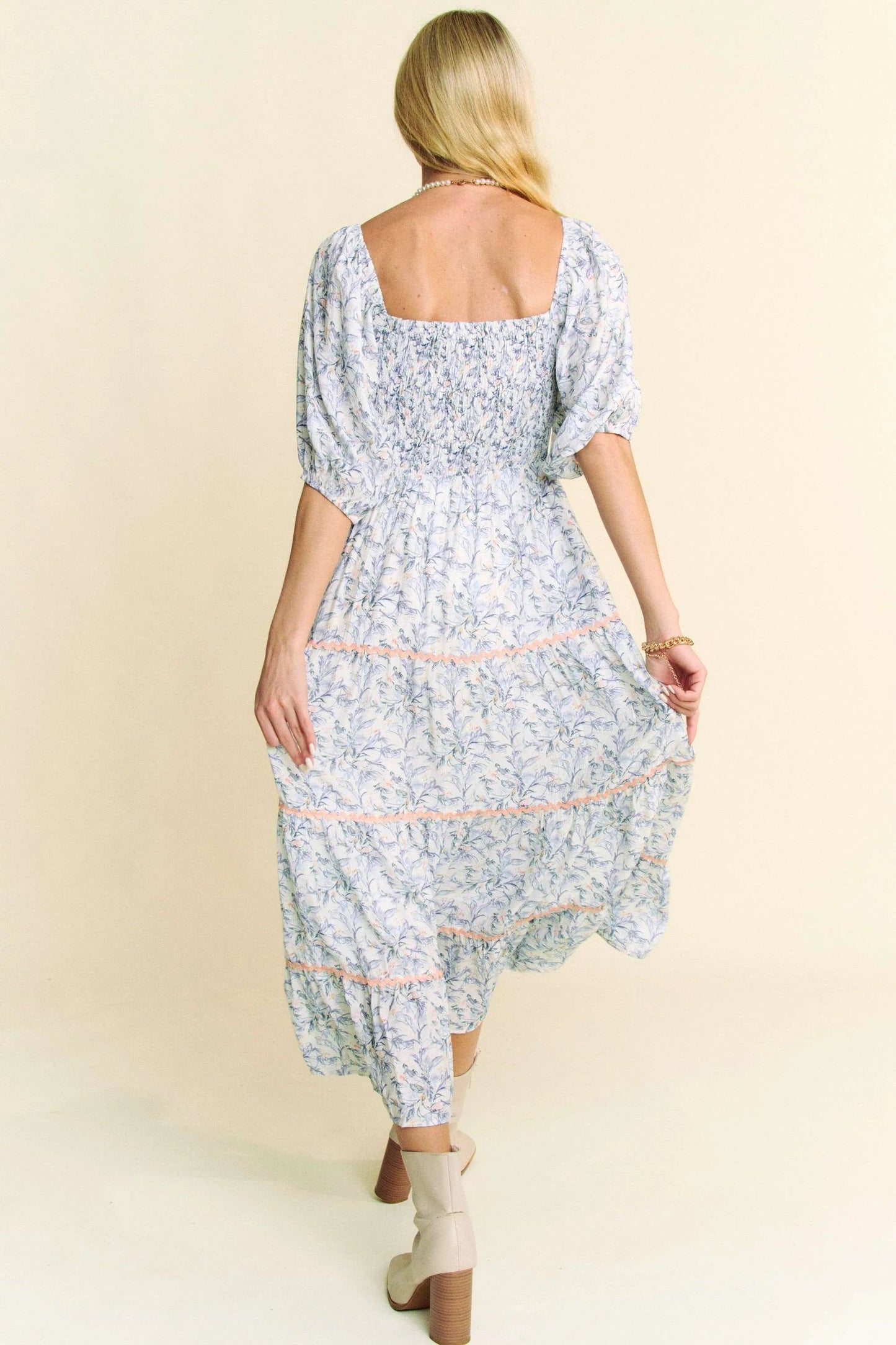 Davi & Dani - Floral Smocked Puff Sleeve Maxi Dress – Blue & White