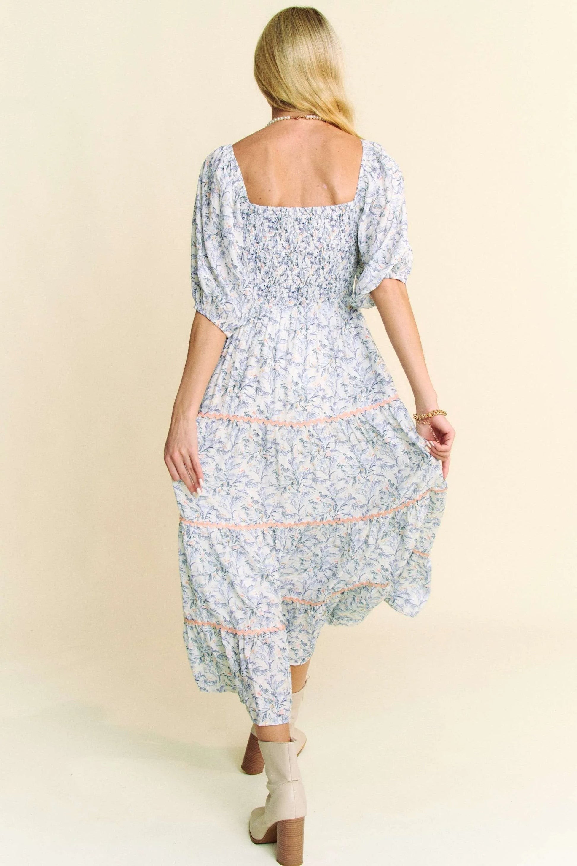 Davi & Dani - Floral Smocked Puff Sleeve Maxi Dress – Blue & White