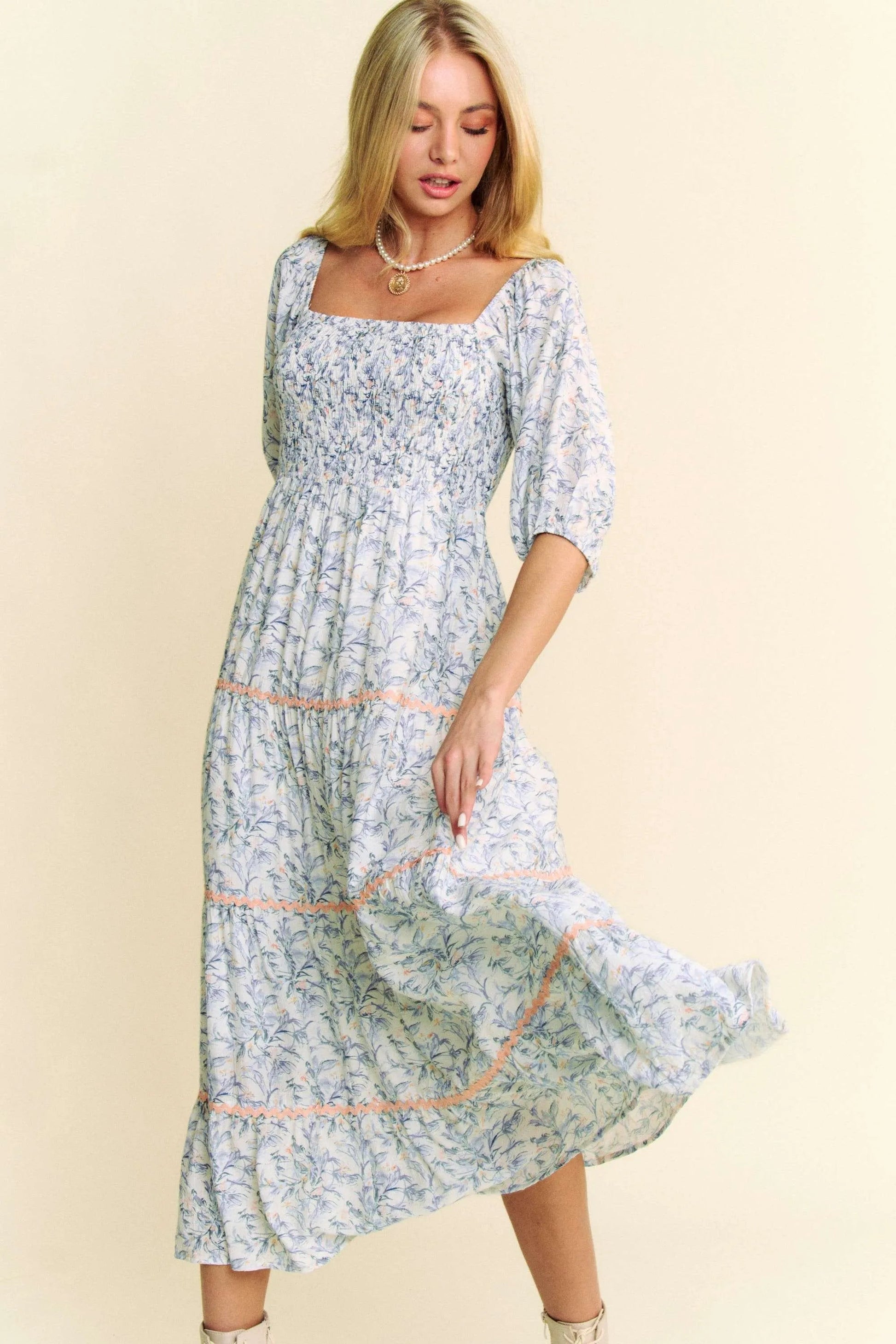 Davi & Dani - Floral Smocked Puff Sleeve Maxi Dress – Blue & White
