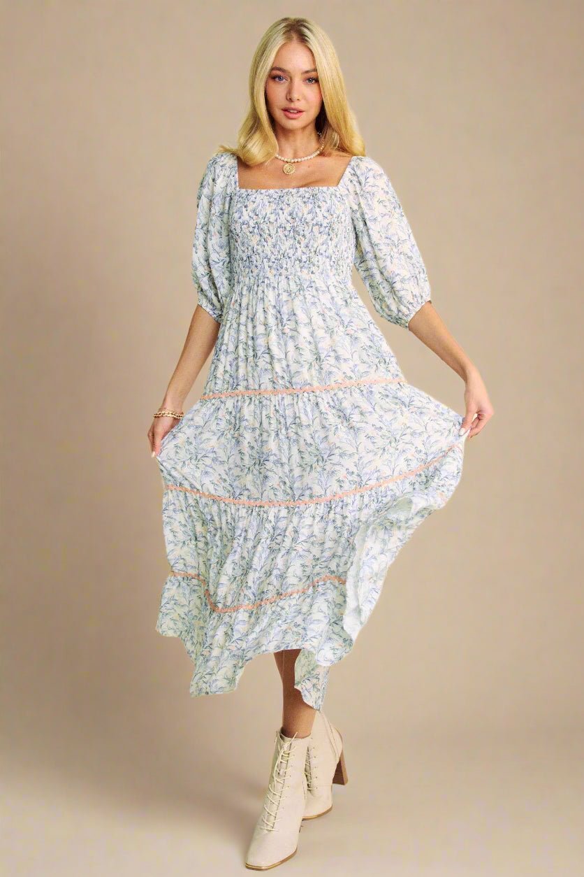 Davi & Dani - Floral Smocked Puff Sleeve Maxi Dress – Blue & White