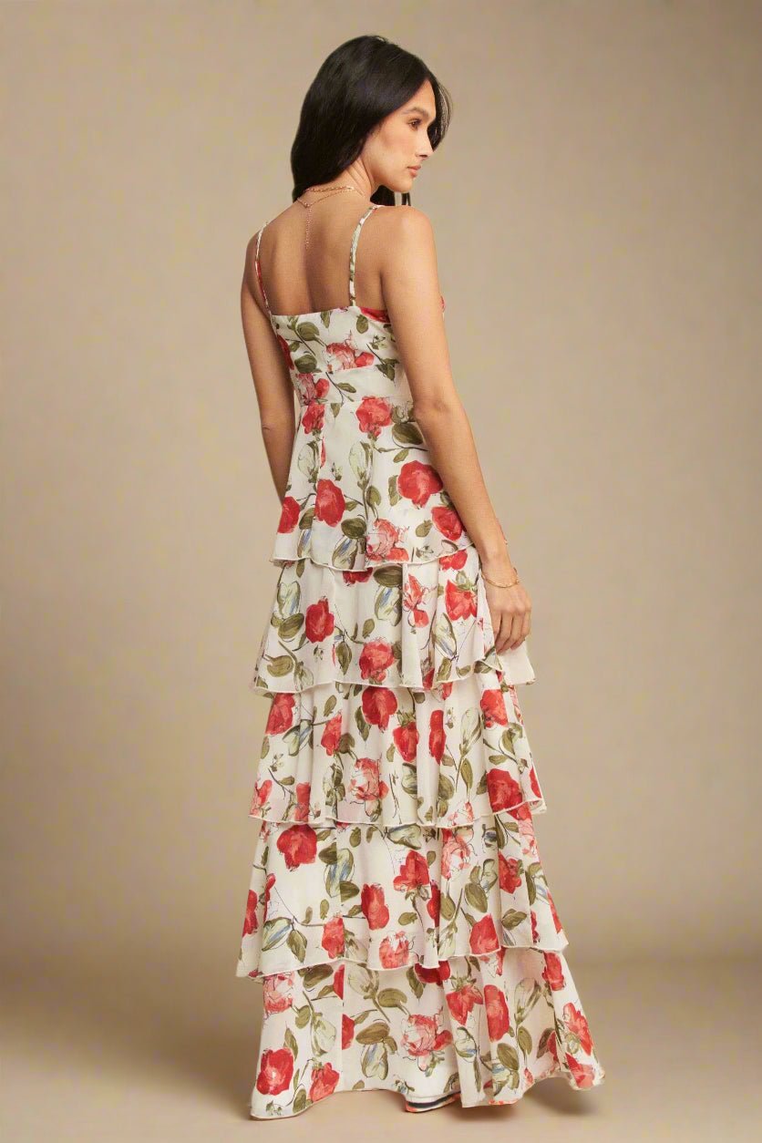 Davi & Dani - Floral Tiered Ruffle Maxi Dress – White & Red