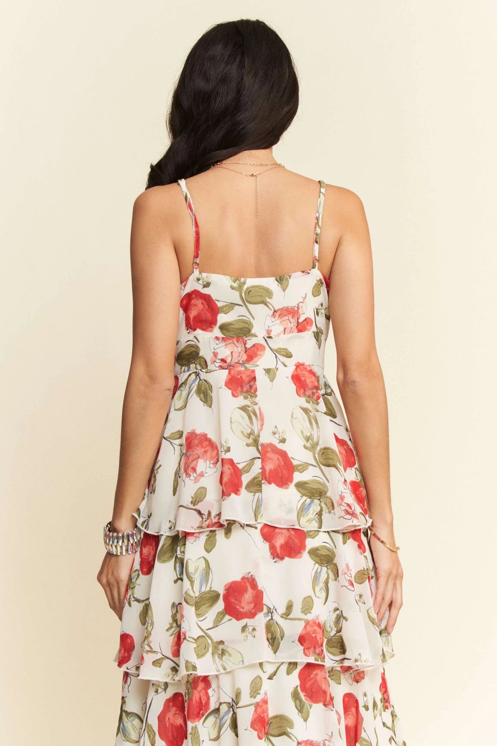 Davi & Dani - Floral Tiered Ruffle Maxi Dress – White & Red