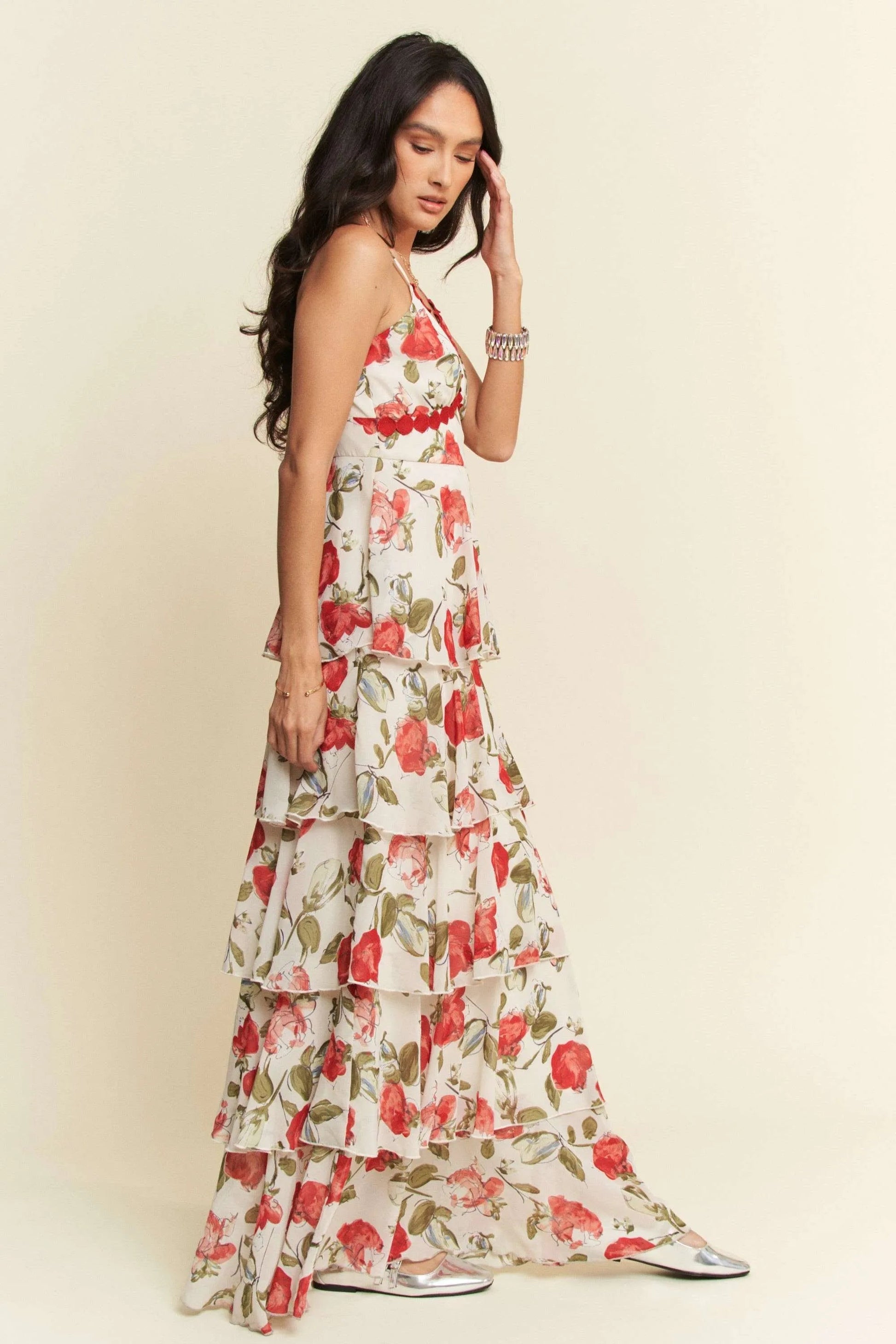 Davi & Dani - Floral Tiered Ruffle Maxi Dress – White & Red