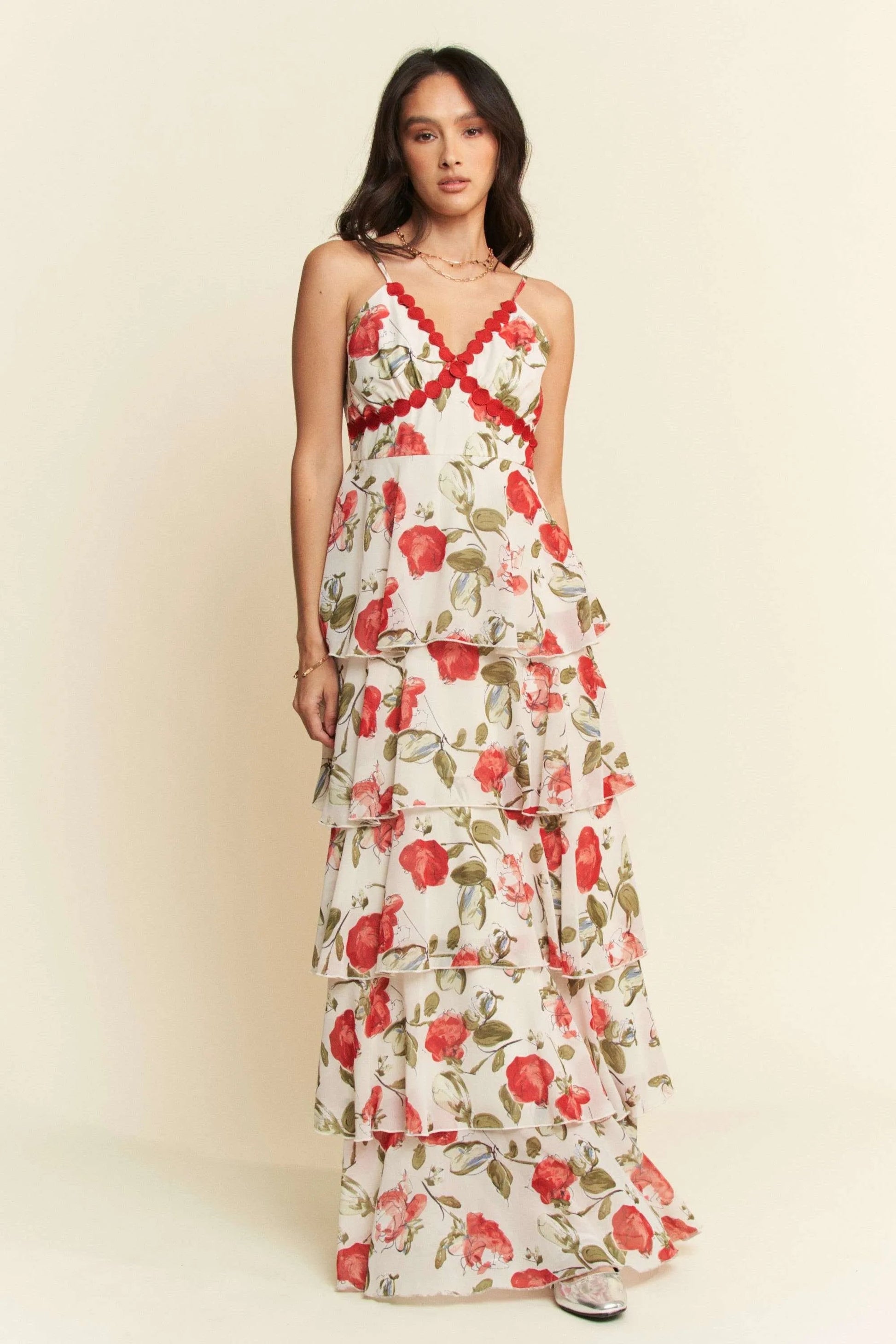 Davi & Dani - Floral Tiered Ruffle Maxi Dress – White & Red