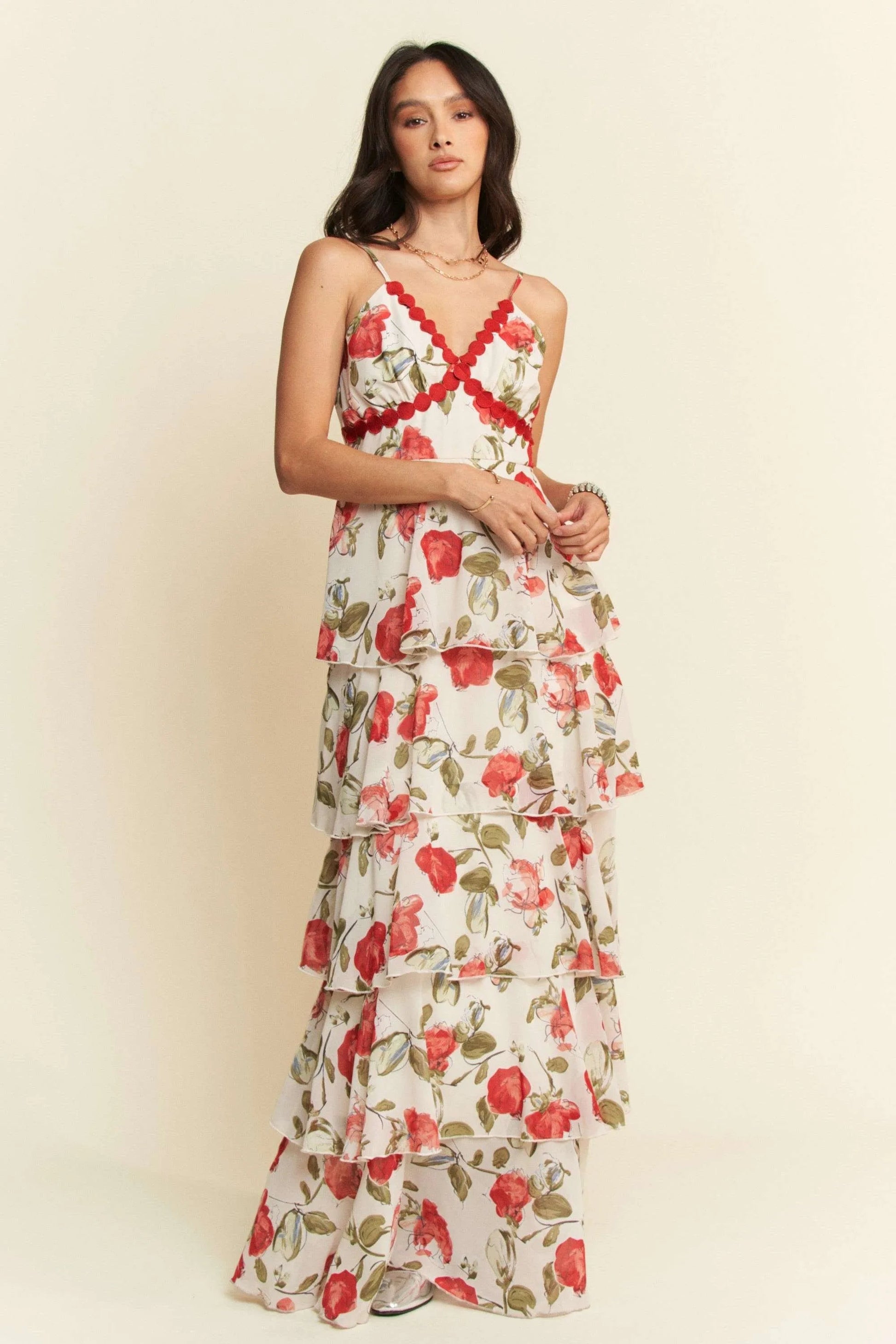 Davi & Dani - Floral Tiered Ruffle Maxi Dress – White & Red