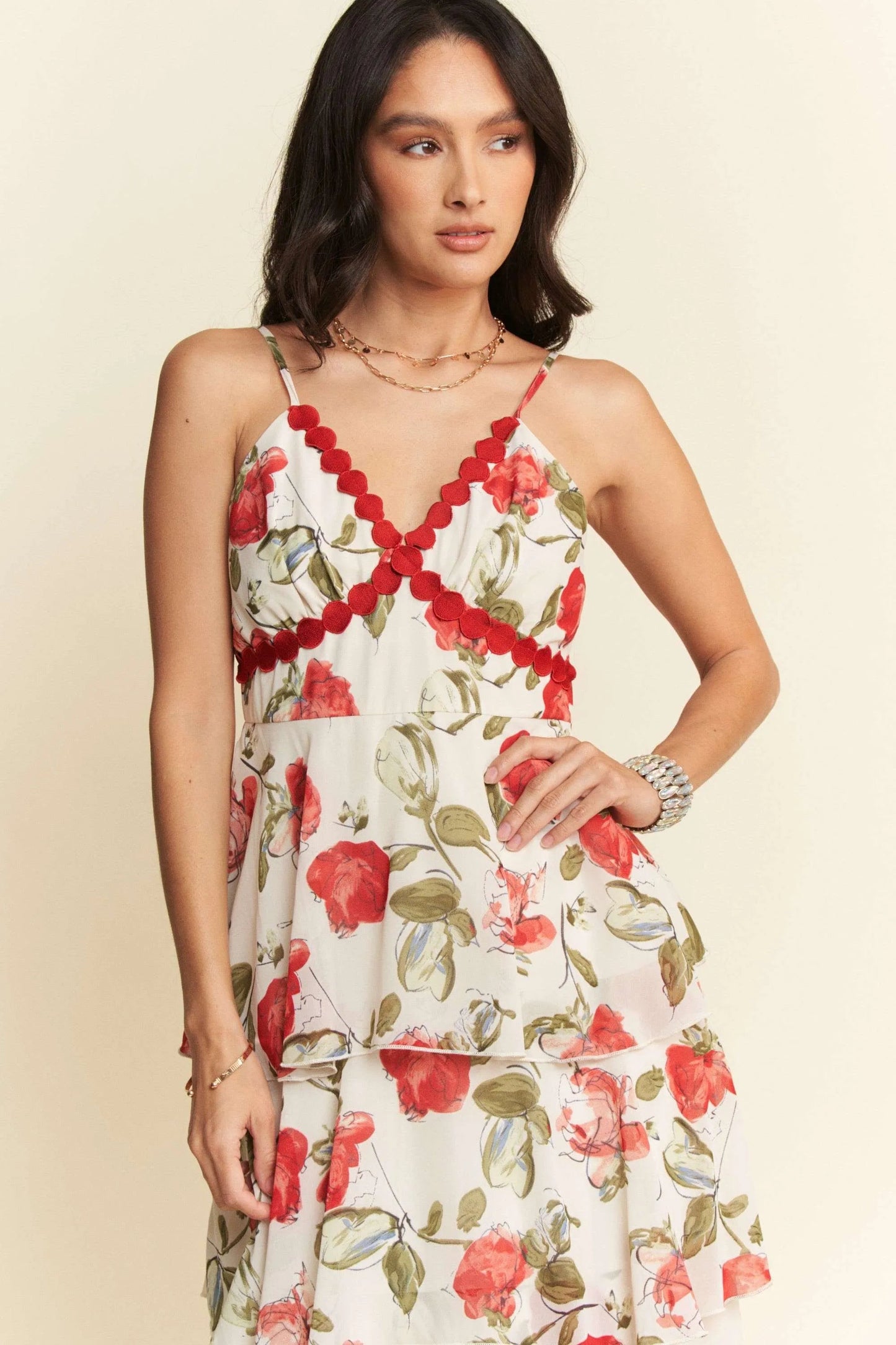 Davi & Dani - Floral Tiered Ruffle Maxi Dress – White & Red
