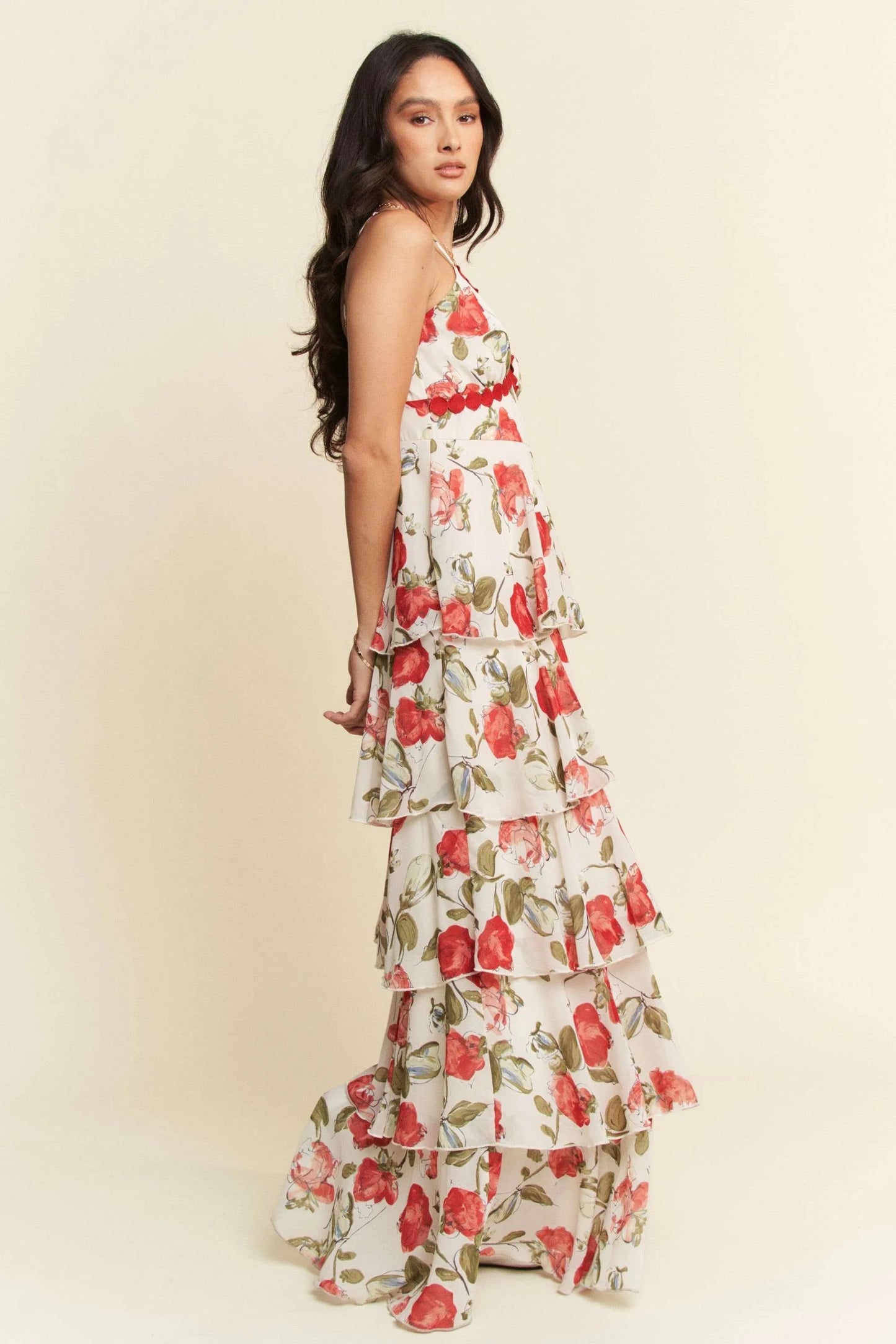 Davi & Dani - Floral Tiered Ruffle Maxi Dress – White & Red