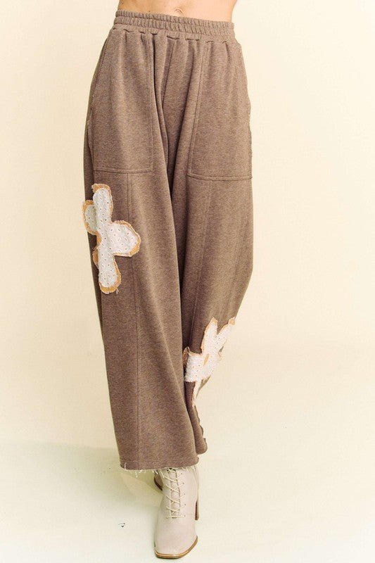 Davi & Dani - Flower Patch Elastic Waist Wide Leg Pants in Mocha