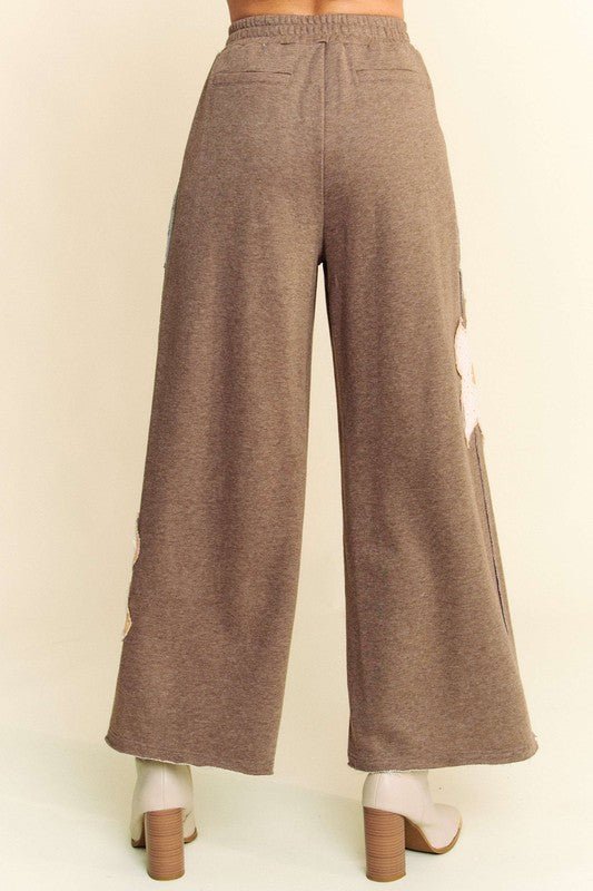 Davi & Dani - Flower Patch Elastic Waist Wide Leg Pants in Mocha