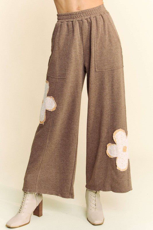 Davi & Dani - Flower Patch Elastic Waist Wide Leg Pants in Mocha